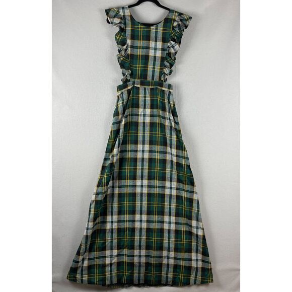 Vintage Tartan Ruffle Pinafore Dress Womens XS Maxi Plaid Scottish Academia Twee - Picture 1 of 16